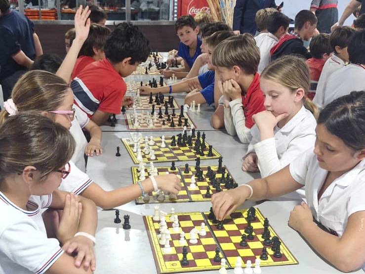 Alumnos de primaria jugando al ajedrez durante un torneo entre colegios